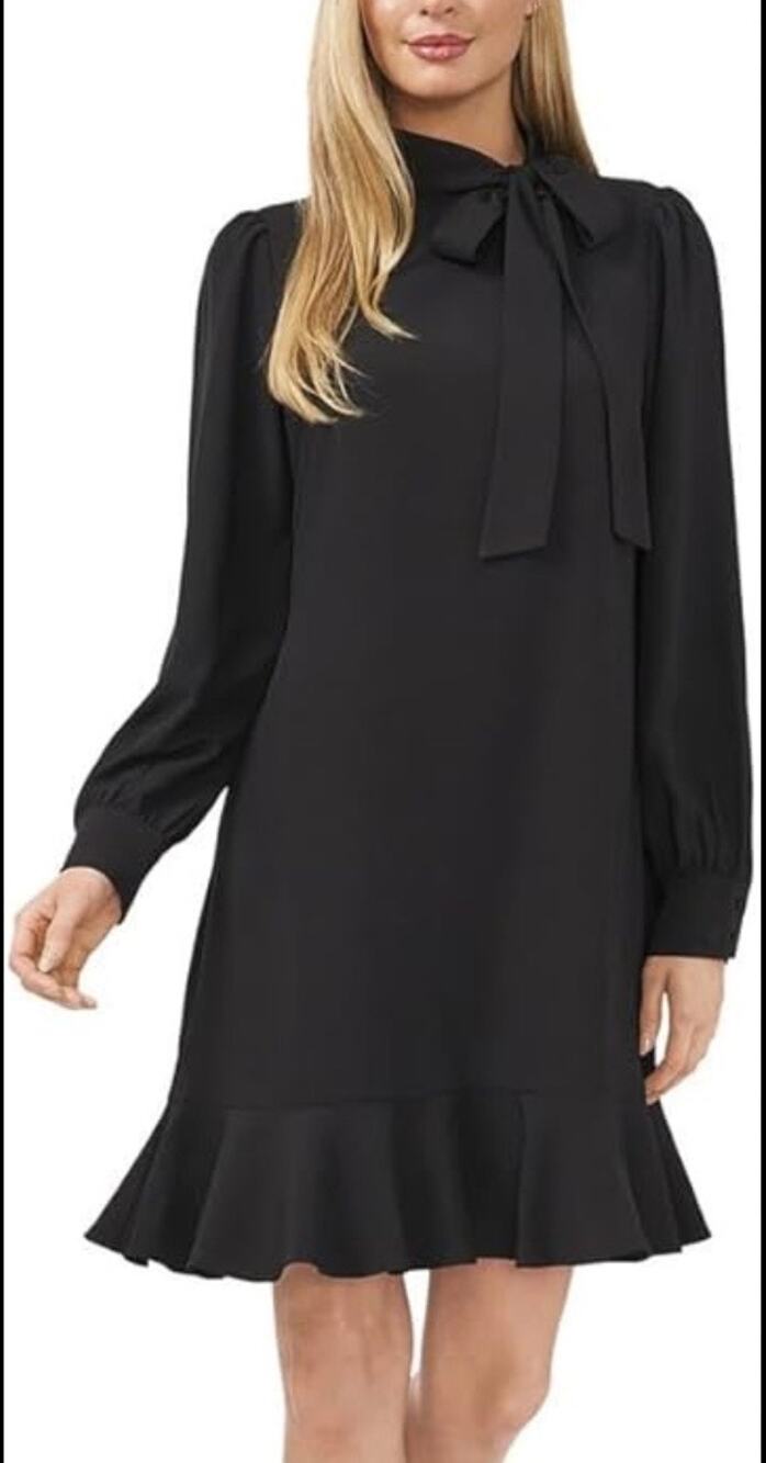 CeCe Black Tie Neck Ruffle Hem Dress 2 NWT
